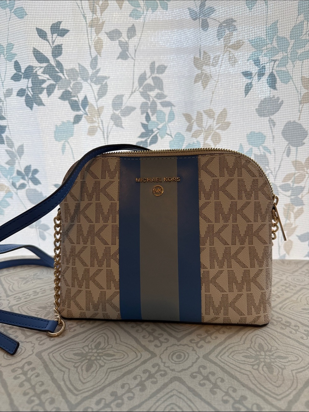 Michael Kors Beige Signature Crossbody with Blue Center Stripe